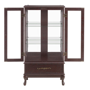 English Elm Curio Lighted Glass Display Cabinet with Adjustable Shelves, Vintage Drawer & Carved Metal Handle, Dark Finish Cherry W2275P199813