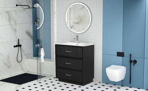 English Elm 30 Inch Bathroom Vanity With Ceramic Sink Combo - Modern Black Freestanding Storage Cabinet Set W1550S00047