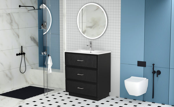 English Elm 30 Inch Bathroom Vanity With Ceramic Sink Combo - Modern Black Freestanding Storage Cabinet Set W1550S00047