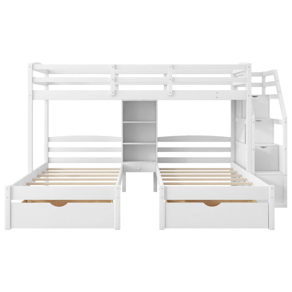 English Elm Twin Triple Bunk Bed White Pine Frame with Staircase Storage Drawers and Built Shelves GX000324AAK-1