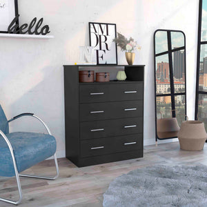 English Elm Four Drawer Dresser with Superior Top and Open Shelf, Engineered Wood, Metal Hardware, Modern Storage Black 46 L x 21 W x 4 H B097S00113