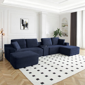 English Elm 150'' Modular Corduroy Sectional with Deep Seating Usb Ports and Hidden Storage Blue W1117S00409