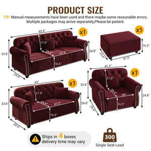 English Elm Upholstered Velvet Chesterfield Sofa Set with Button Tufting Nailhead Trim and Ottoman Burgundy W1885S00390