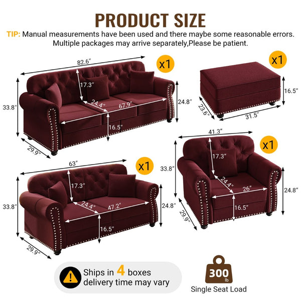 English Elm Upholstered Velvet Chesterfield Sofa Set with Button Tufting Nailhead Trim and Ottoman Burgundy W1885S00390