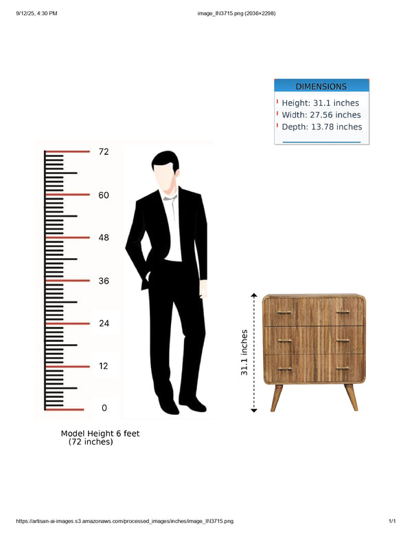 English Elm T-bar Solid Mango Wood 3-Drawer Chest in Light Brown with T-Bar Handles & Nordic Legs, 31.5"L B182P230380