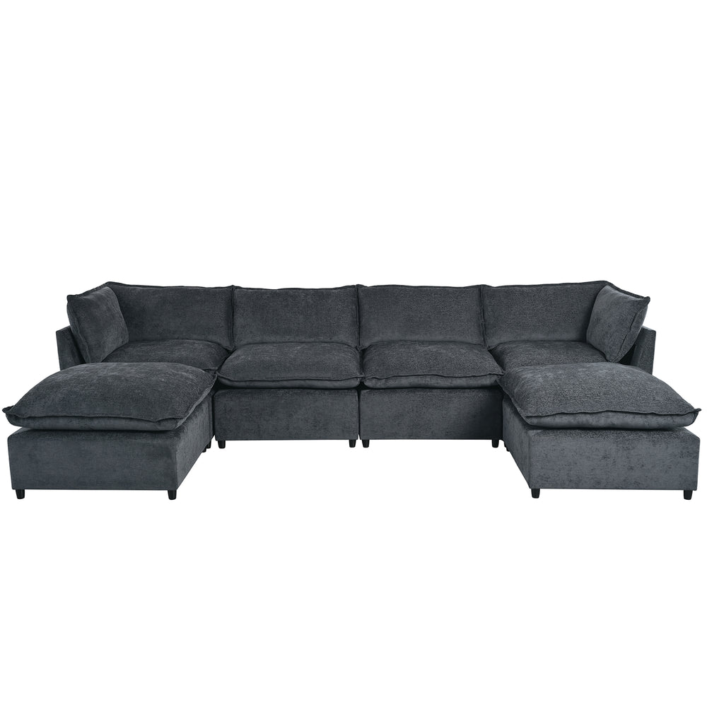 English Elm U_Style Large U-Shape Sectional Sofa with 2 Chaise & Removable Ottomans, 6-Seater, Polyester, Modern Piping Design, Spacious Comfort 136" WY000415AAE