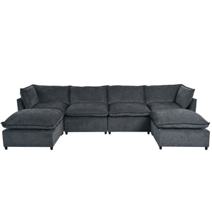English Elm U_Style Large U-Shape Sectional Sofa with 2 Chaise & Removable Ottomans, 6-Seater, Polyester, Modern Piping Design, Spacious Comfort 136" WY000415AAE