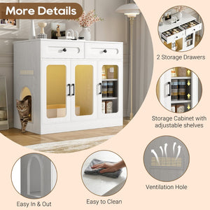 English Elm Cat Litter Box Cabinet with Glass Doors Led Light Drawers and Wood Grain Finish White N704P395520K