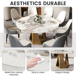 English Elm 59.05" Round Marble Dining Table - Elegant Sintered Stone Top With Bronze Iron Base For 6-8 People W1535S00471