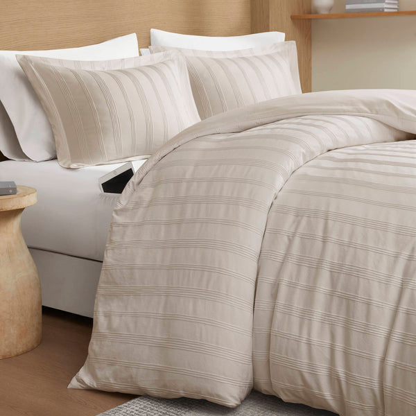 JLA Home Super Listing - Woven Logan duvet set with subtle woven stripe, brushed microfiber reverse & hidden zipper closure Neutral AM12-0586