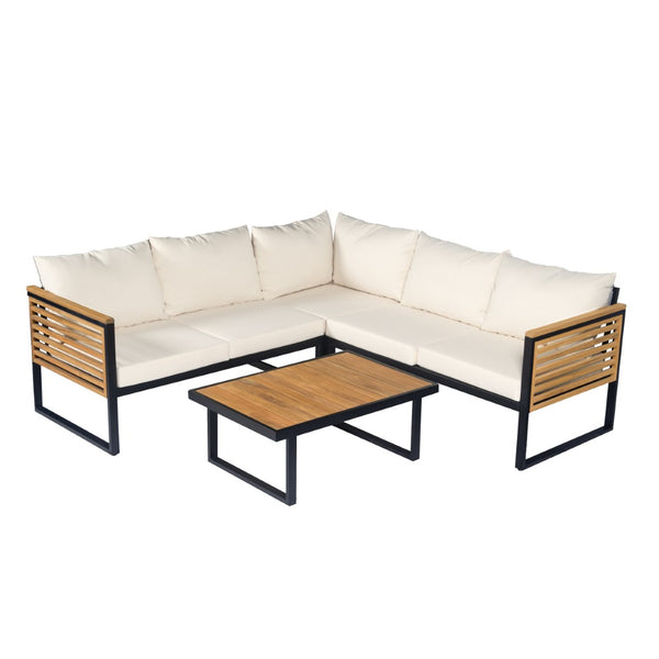 English Elm Outdoor Acacia Wood Iron Frame 4 Piece Corner Sectional Patio Lounge Set N757S454250B