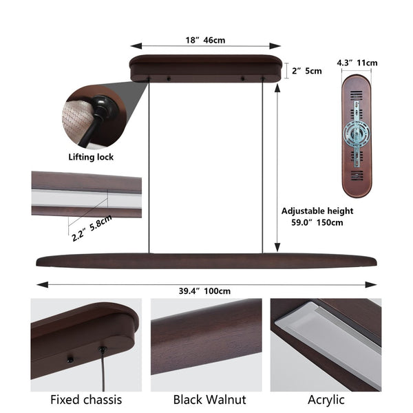 English Elm 39-inch Walnut Wood Led Bar Pendant Dimmable Fixture for Dining and Kitchen Islands W1340P264186