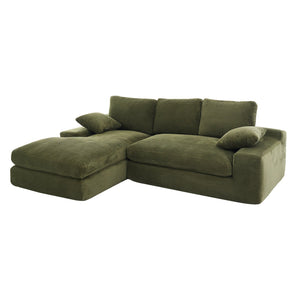 English Elm Green corduroy compressed sofa with 3 back cushions & 2 throw pillows — soft, resilient, space-saving comfort W3612S00016