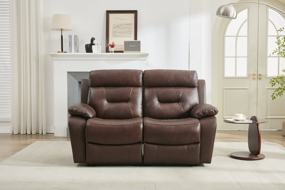 English Elm Genuine Leather Reclining Loveseat Tufted Back Overstuffed Arms Slim Metal Legs W1896S00011
