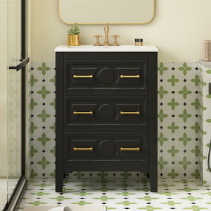 English Elm 24'' Bathroom Vanity with Ceramic Sink and 3 Drawers Retro Solid Wood Frame Freestanding Storage Black N710P371184B