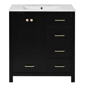 English Elm 30'' Elegant Freestanding Bathroom Vanity With Ceramic Sink, Soft-Close Drawers & Timeless Black Finish N710P194420B