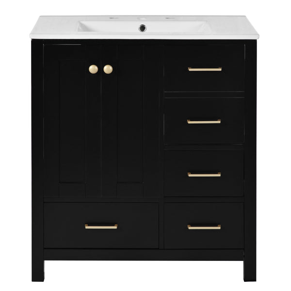 English Elm 30'' Elegant Freestanding Bathroom Vanity With Ceramic Sink, Soft-Close Drawers & Timeless Black Finish N710P194420B