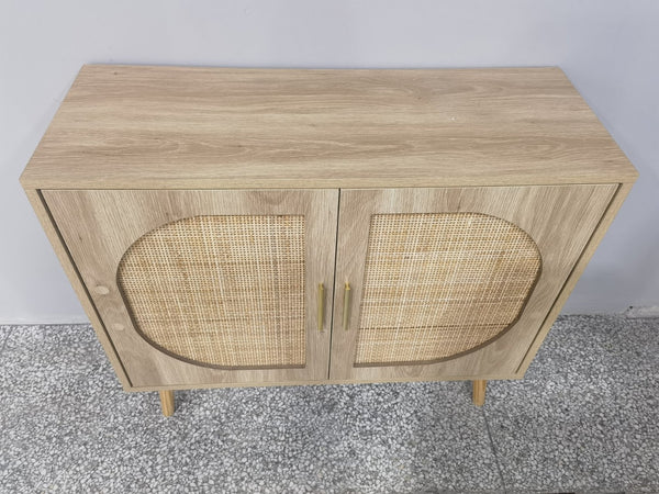 English Elm Buffet Cabinet Rattan Door Panels Solid Wood Feet Farmhouse Style Entryway Storage Natural W2386P207789