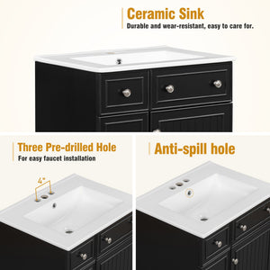 English Elm 24-Inch Bathroom Vanity Cabinet with Ceramic Sink, Space-Saving Storage, Solid Wood Feet, Durable Finish Black WF532034AAB