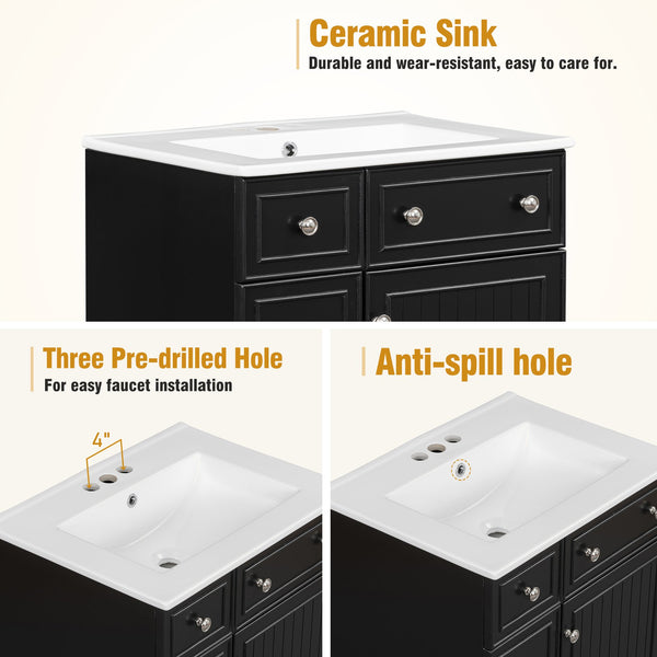 English Elm 24-Inch Bathroom Vanity Cabinet with Ceramic Sink, Space-Saving Storage, Solid Wood Feet, Durable Finish Black WF532034AAB