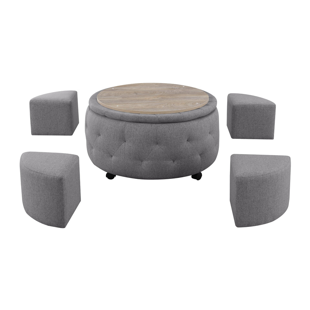 English Elm Round Rolling Storage Ottoman with Reversible Tray Top and 4 Nesting Seats, Durable Hardwood Build Dark Gray B347P339823