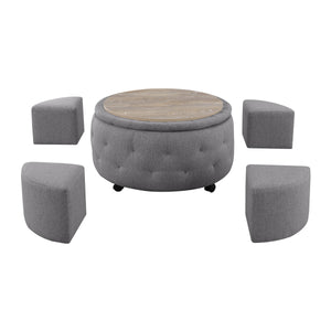 English Elm Round Rolling Storage Ottoman with Reversible Tray Top and 4 Nesting Seats, Durable Hardwood Build Dark Gray B347P339823