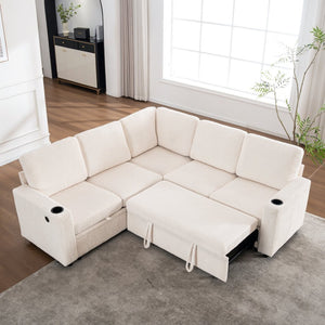 English Elm Sectional Corduroy Sleeper Sofa with Storage and Charging Ports for Small Spaces White W1361S00075