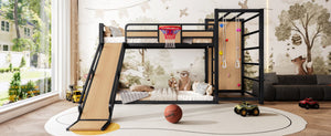 English Elm Twin Metal Loft Bed with Slide Basketball Hoop Climbing Wall and Built-in Shelves W1580S00631