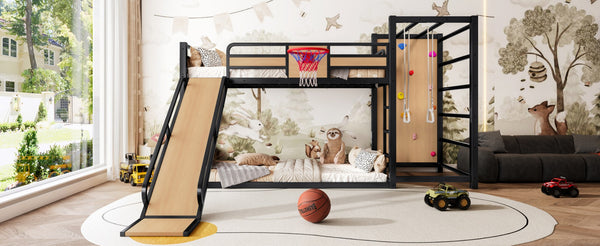 English Elm Twin Metal Loft Bed with Slide Basketball Hoop Climbing Wall and Built-in Shelves W1580S00631