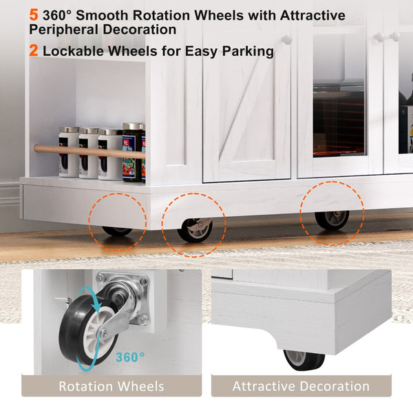 English Elm K&k Farmhouse Rolling Kitchen Island with Drop Leaf Tempered Glass Drawers and Power Outlet White N707S263637W