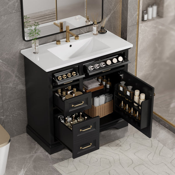 English Elm 36-Inch Modern Bathroom Vanity with Ceramic Basin, 4 Drawers & Soft-Close Door, Pre-Drilled Faucet Ready, Durable MDF and Solid Wood Construction (36"L x 18.3"W x 33.4"H) Black N725P296118B
