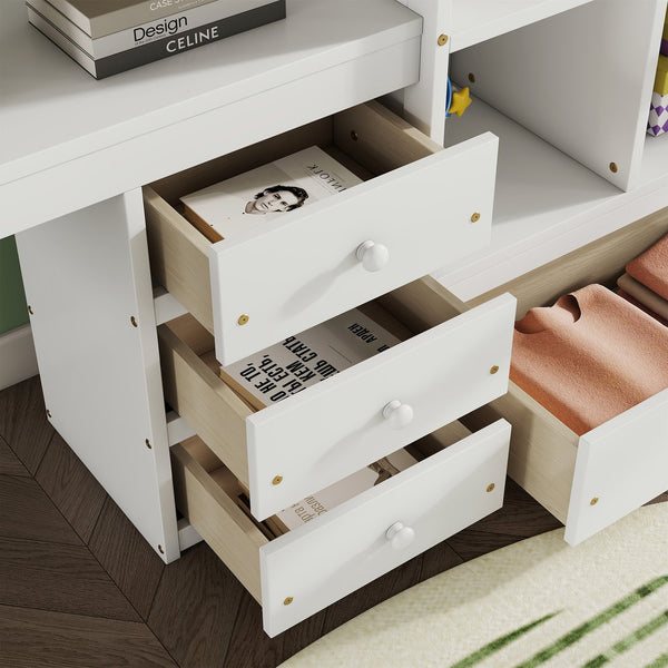 English Elm Full Size Loft Bed With Integrated Desk, Storage Shelves, Drawers & Safe Ladder - Stylish & Space-Saving W504S00161
