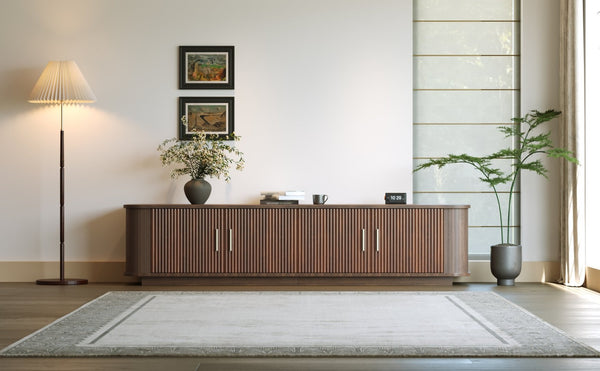 English Elm 70-inch Media Console with Sliding Groove Doors Solid Pine Legs and Cable Management N710P427898P