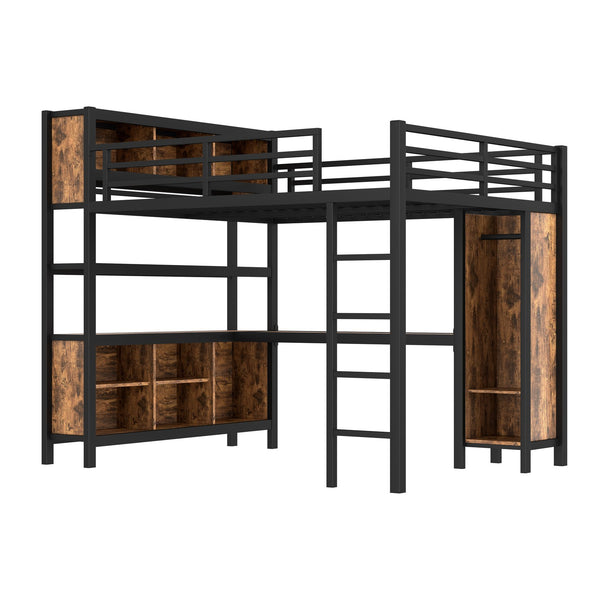 English Elm Metal Queen Loft Bed With L-Shaped Desk, Wardrobe, And Storage Cubes - Stylish Space Saver! W1580S00184