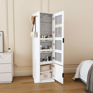 English Elm 360° Rotating Tower Cabinet with Full Length Mirror Open Shelving and Jewelry Storage White W509P456172
