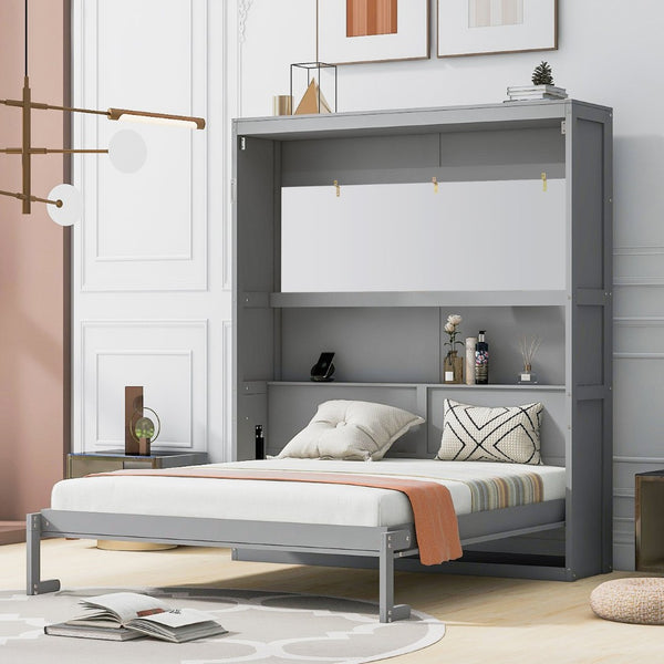 English Elm Queen Murphy Wall Bed with Integrated Shelving Foldable Mdf Cabinet for Guest Rooms Gray LP000693AAE-4