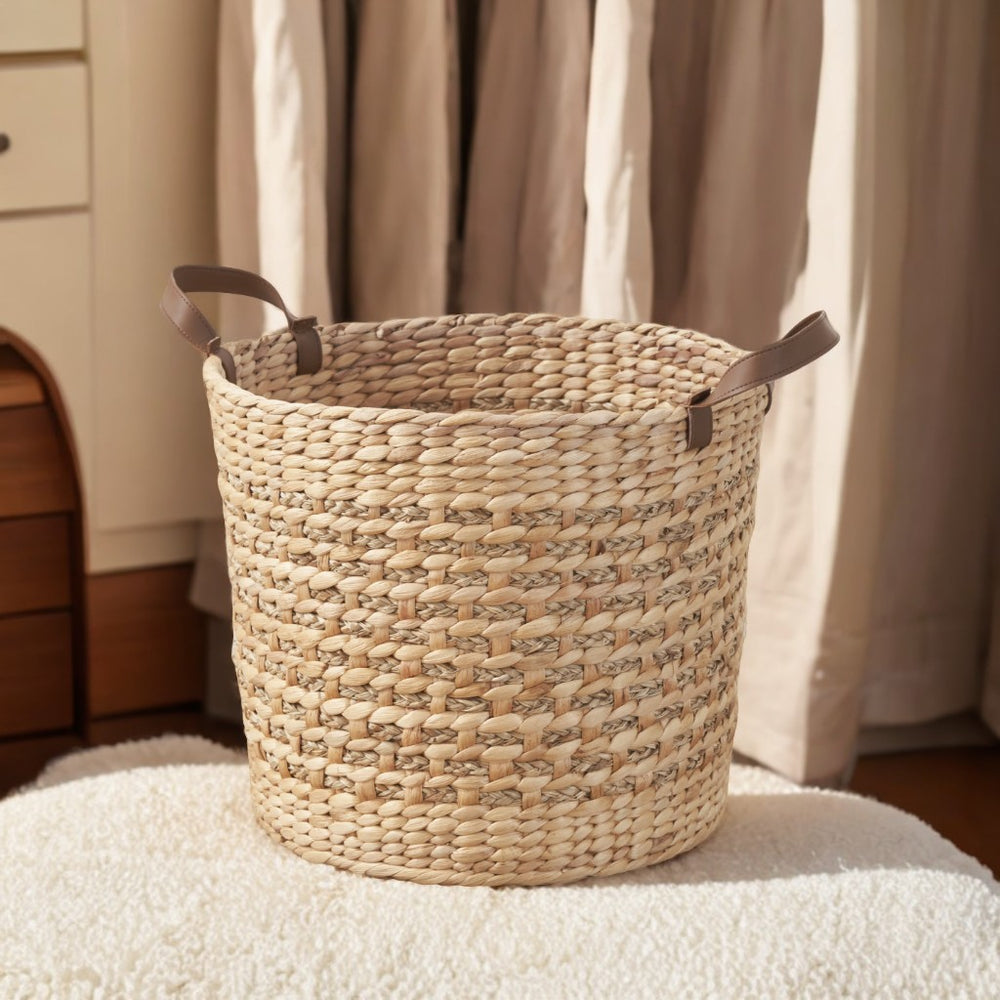 English Elm Water Hyacinth Woven Round 16" Multi-Use Storage Basket — Breathable, Spacious, Natural Brown Decor Organizer B093P295024