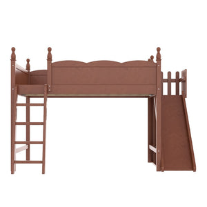 English Elm Queen Solid Pine Loft Bed with Wardrobe Shelves Detachable Slide and Dual Sleeping Zones Antique Natural W5305S00030