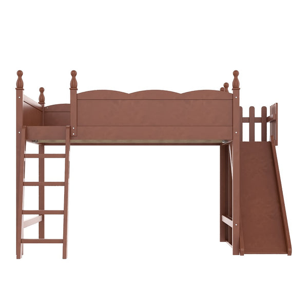 English Elm Queen Solid Pine Loft Bed with Wardrobe Shelves Detachable Slide and Dual Sleeping Zones Antique Natural W5305S00030