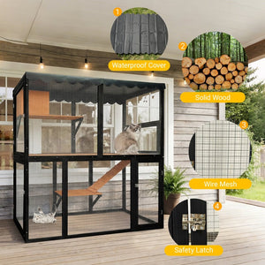 English Elm Wooden Walk-in Catio Enclosure for Multiple Cats with 4 Tier Levels and Waterproof Roof W3166P442040