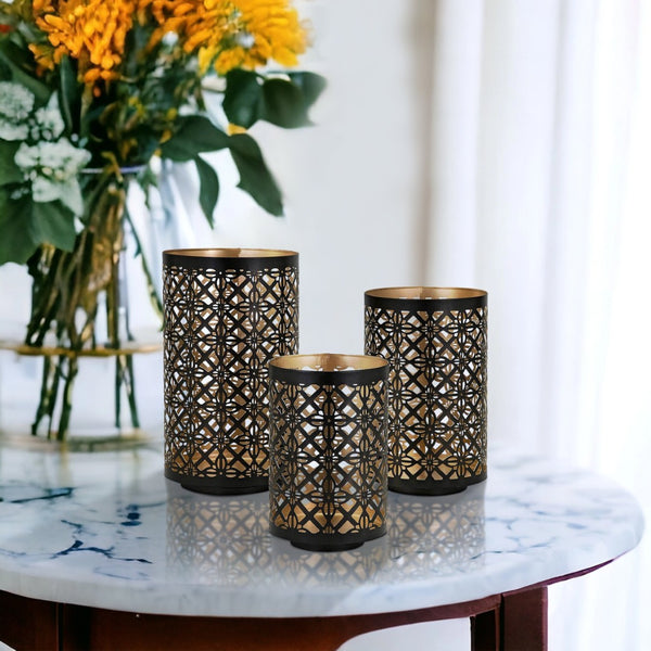 English Elm Set of 3 Moroccan Lattice Iron Lanterns Gold Black Finish Candle Holders Centerpiece B056P416822
