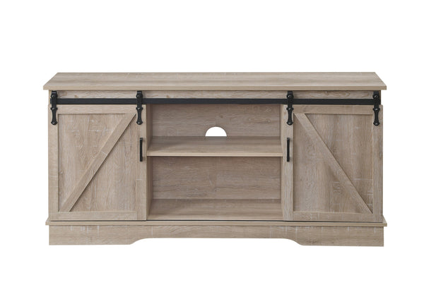 English Elm Bennet Oak TV Stand with Sliding Barn Doors, Cable Management, 65" Max, Metal Frame, Rustic Storage B2726P278173