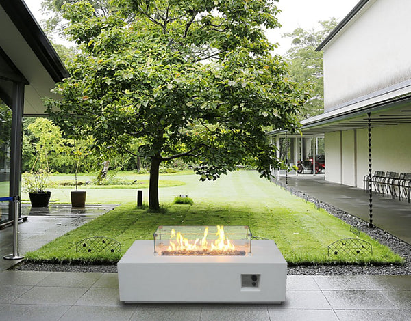 English Elm 52 Inch Outdoor Concrete Propane Gas Fire Pit Table 65,000 BTU Rectangle Lightweight Fiberglass Finish W2620P370702