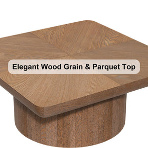 English Elm 34.6'' Square Coffee Table Parquet Wood Veneer Sculptural Cylindrical Base Modern Living Room Walnut W1435P337647