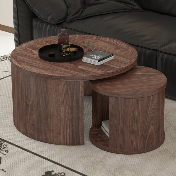 English Elm Round Nesting Coffee Tables Natural Wood Grain Scandinavian Set for Living Room W1727S00092