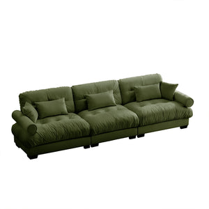 English Elm Extra oversized 3-seat velvet sofa with cloud-like cushions, deep seating, bolster arms and pillows for luxe comfort and support Olive Green W714S01107
