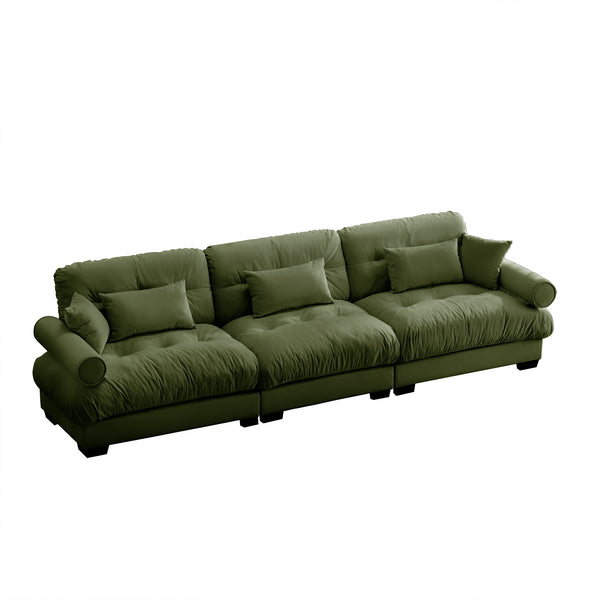 English Elm Extra oversized 3-seat velvet sofa with cloud-like cushions, deep seating, bolster arms and pillows for luxe comfort and support Olive Green W714S01107