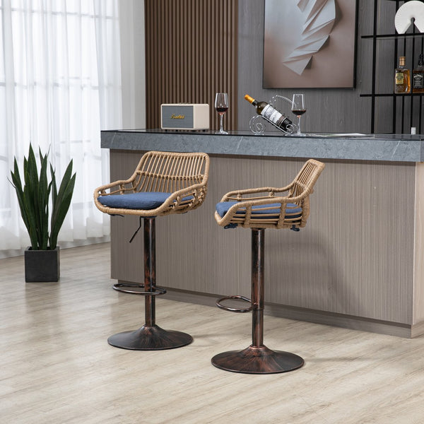 English Elm Modern Swivel Bar Stools Set of 2 Adjustable Counter Height Chairs with Linen Seat Vintage Gold Frame Blue W39594821