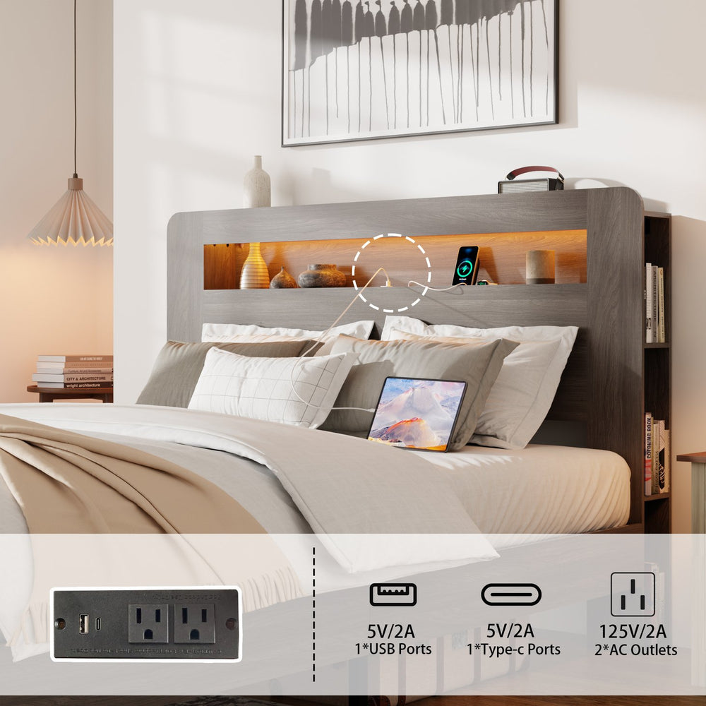 English Elm Bed Frame Full Size Platform with LED Headboard, USB Charging, Underbed Storage, Sturdy Wood Slats Dawn Grey W636P400543