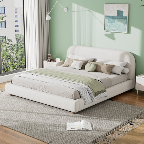 English Elm King Boucle Upholstered Platform Bed Curved Headboard Solid Wood Legs Bedroom N757P210314W-1